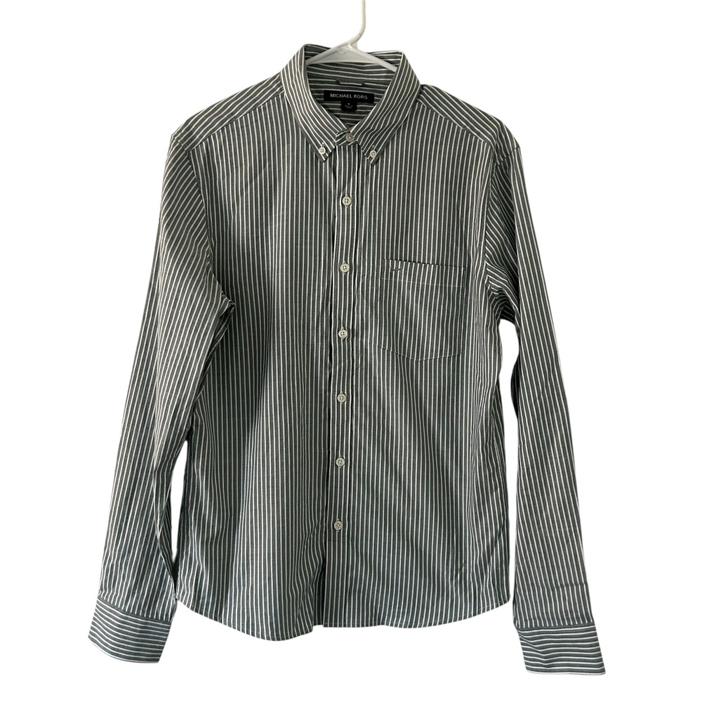 Michael Kors Men's Button Down Vertical Gray White Strip Classic Shirt M Medium